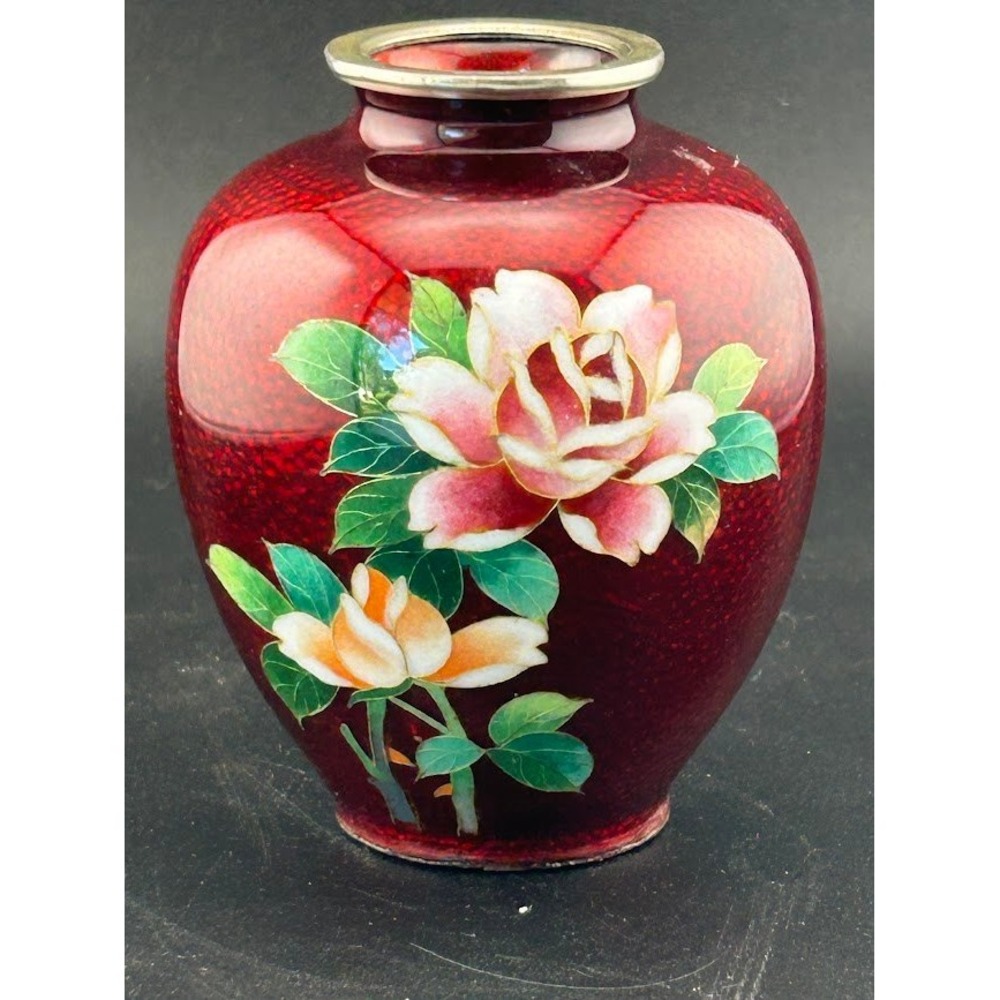 Japanese Vase Red Floral Pigeon Blood Red Foil Bud Vase Asian Decor